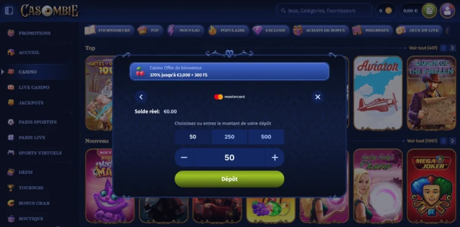 2e étape de dépôt sur Casombie Casino en ligne