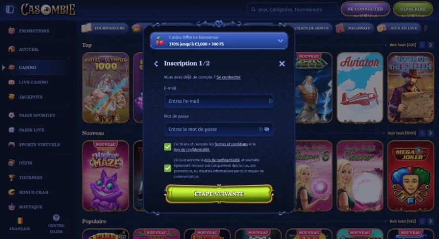 2e étape d'inscription sur Casombie Casino en ligne