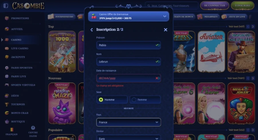3e étape d'inscription sur Casombie Casino en ligne. 