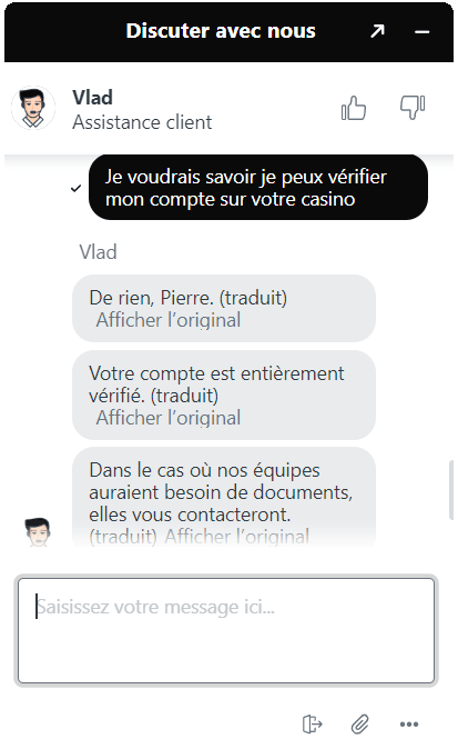 Live chat vérification compte SlotsVil