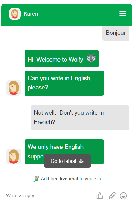 Echange avec le service client Wolfy Casino