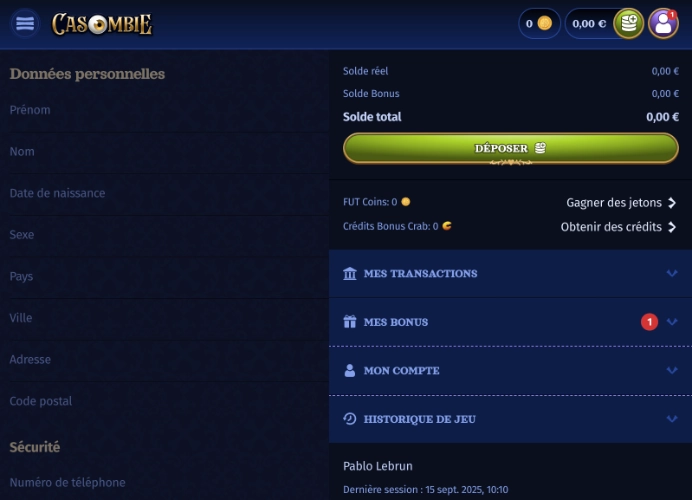 Trouver le menu dépôt sur Casombie Casino en ligne