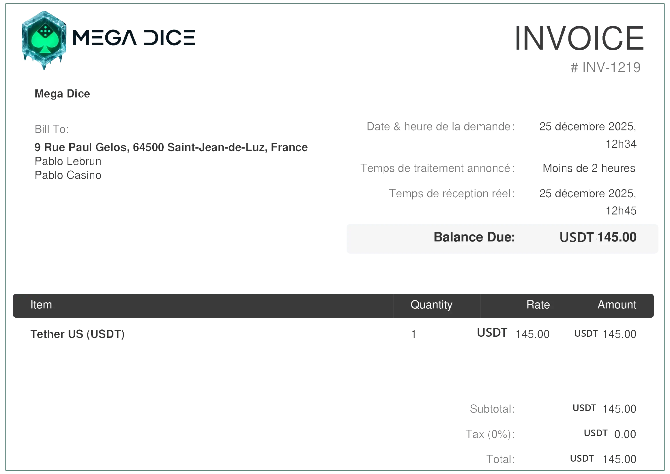 preuve du paiement mega dice