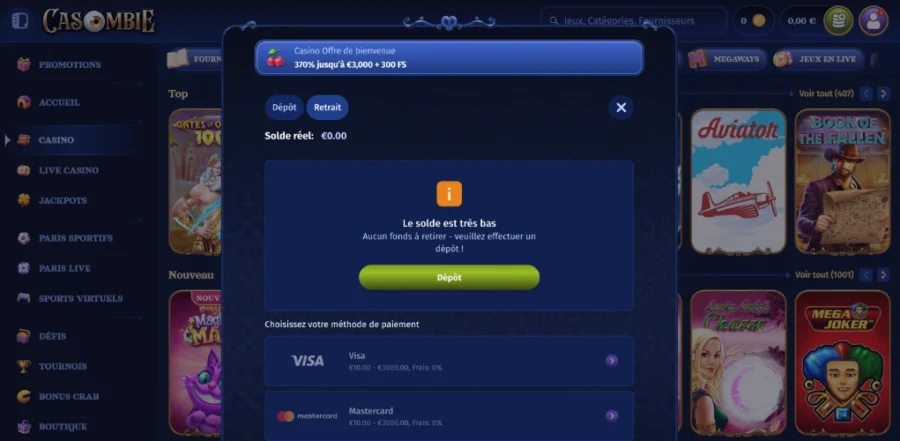 Retrait sur Casombie Casino en ligne.