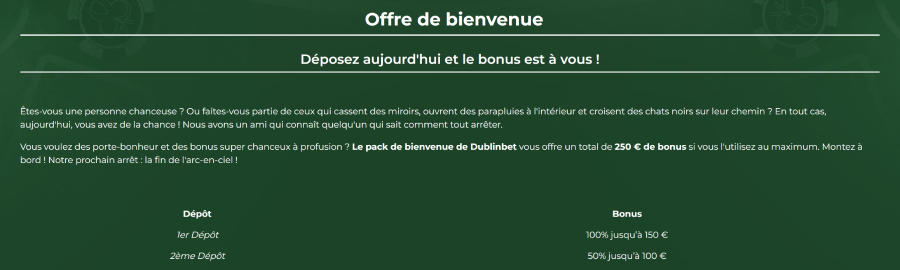Capture d'écran du bonus de bienvenue de Dublinbet