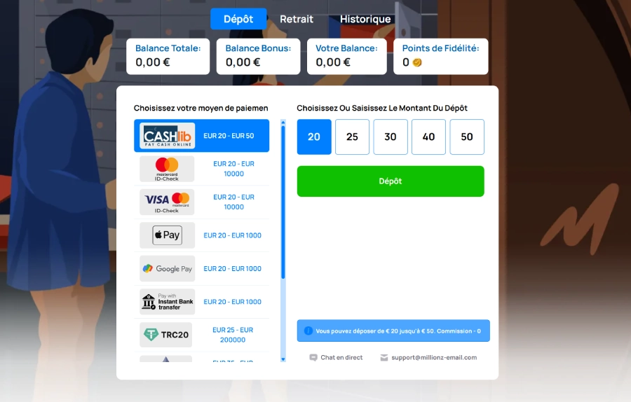 Capture d'écran millionz casino dépôt 20 euros