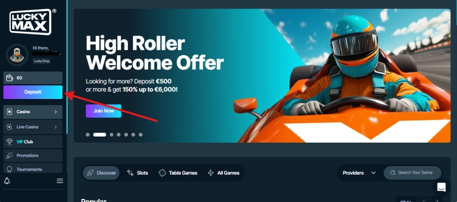 Dépôt sur LuckyMax étape1