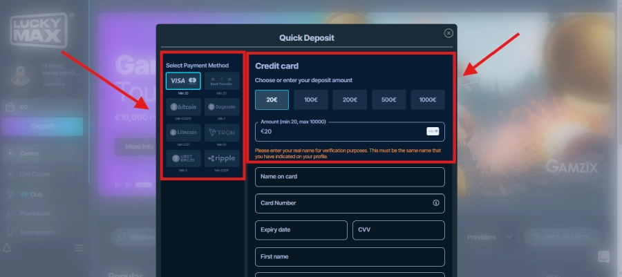 Dépôt sur LuckyMax étape2