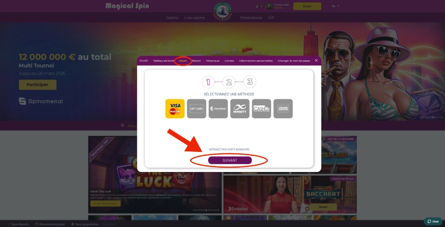 Faire un dépôt de 20 euros sur un casino étape 3