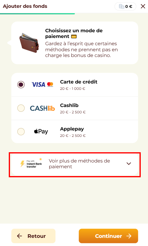 Faire un dépôt sur CaptainSlots Casino étape 4