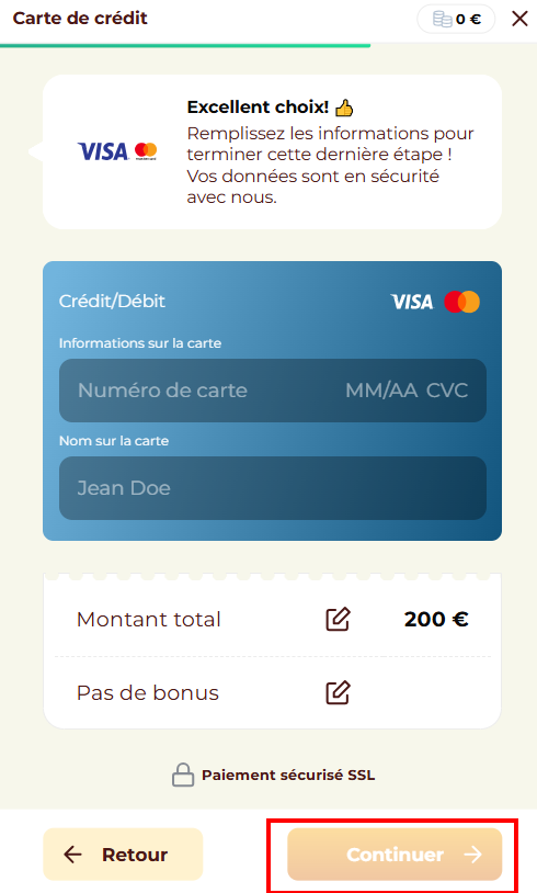 Faire un dépôt sur CaptainSlots Casino étape 5