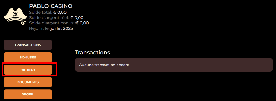 Faire un retrait sur CaptainSlots Casino étape 2