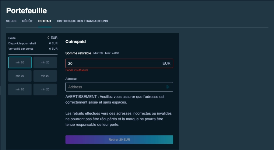 Faire un retrait sur Luckymax Casino