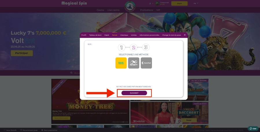 Faire un retrait sur un casino acceptant les dépôts de 20 euros étape 3
