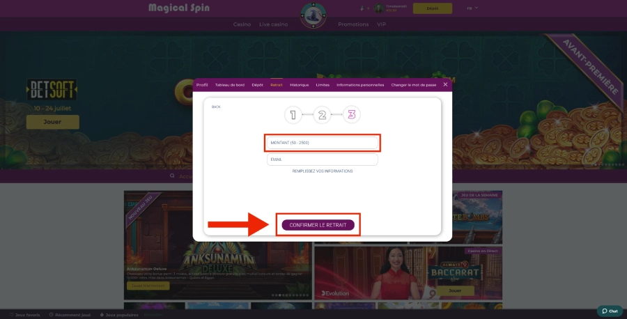 Faire un retrait sur un casino acceptant les dépôts de 20 euros étape 4