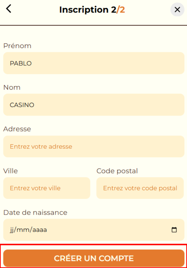 Inscription sur CaptainSlots Casino étape 4
