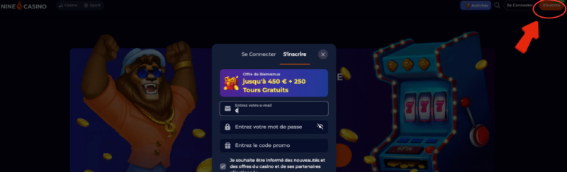 Inscription sur Nine Casino étape 1