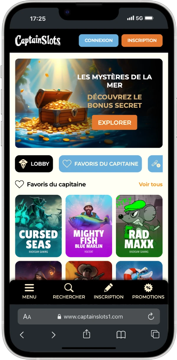 Interface CaptainSlots Casino version mobile