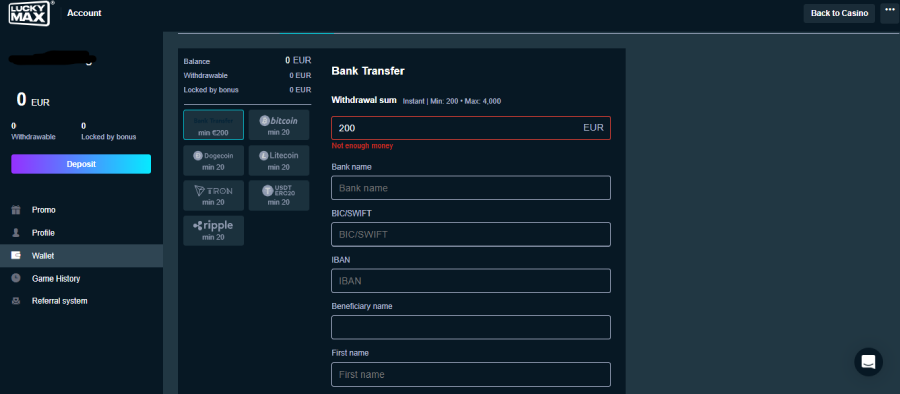 Retrait sur LuckyMax étape3