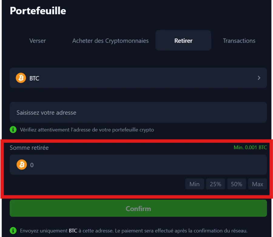 Capture d'écran du portefeuille sur Bets.io