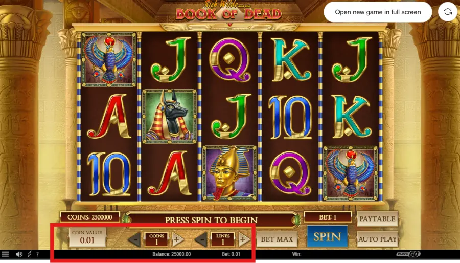 Capture d'écran des mises sur Book of Dead