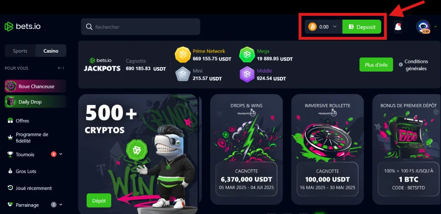 Capture d'écran du bouton dépôt sur Bets.io