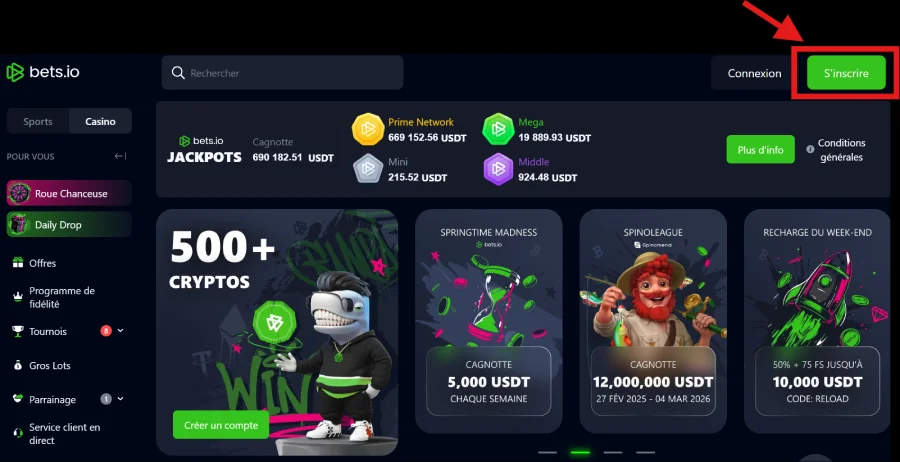 Capture d'écran du bouton d'inscription sur Bets.io