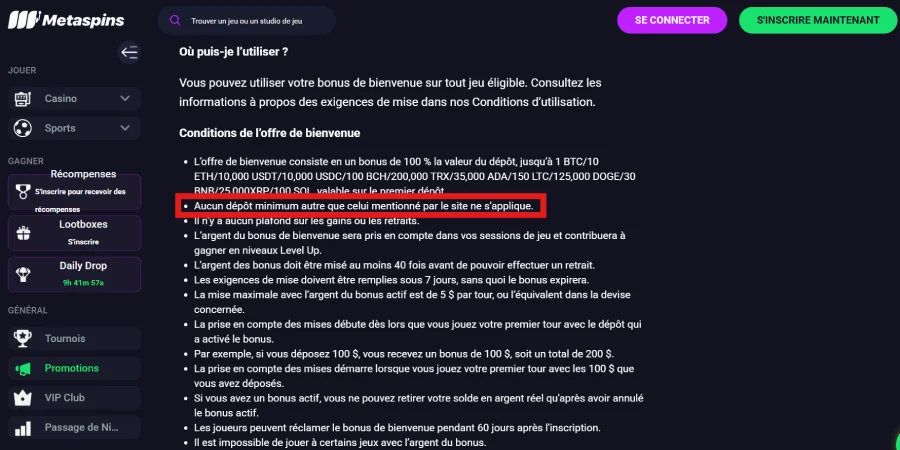 Capture d'écran des conditions du bonus de bienvenue sur Metaspins