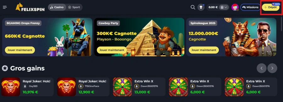 Faire un dépôt sur FelixSpin étape 1