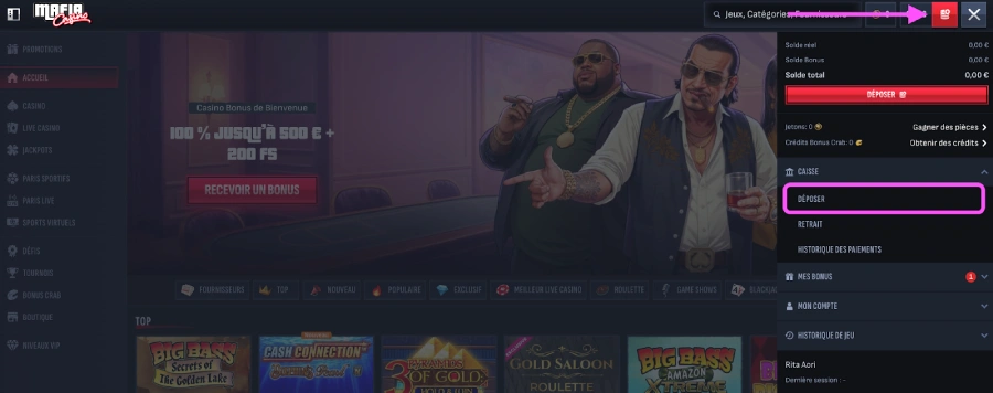 Faire un dépôt sur Mafia Casino étape 1