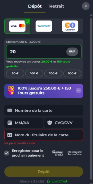Faire un dépôt sur FelixSpin étape 2