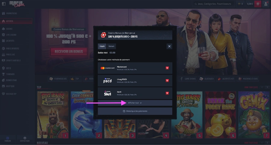 Faire un dépôt sur Mafia Casino étape 2