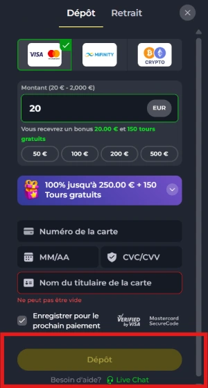 Faire un dépôt sur FelixSpin étape 3