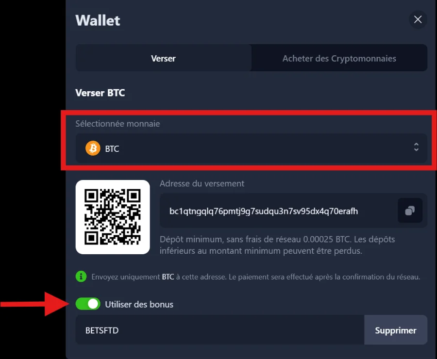 Capture d'écran de la page des dépôts sur Bets.io