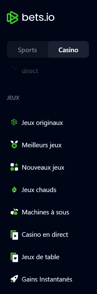 Capture d'écran des filtres de Bets.io