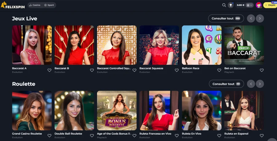 Live casino sur FelixSpin