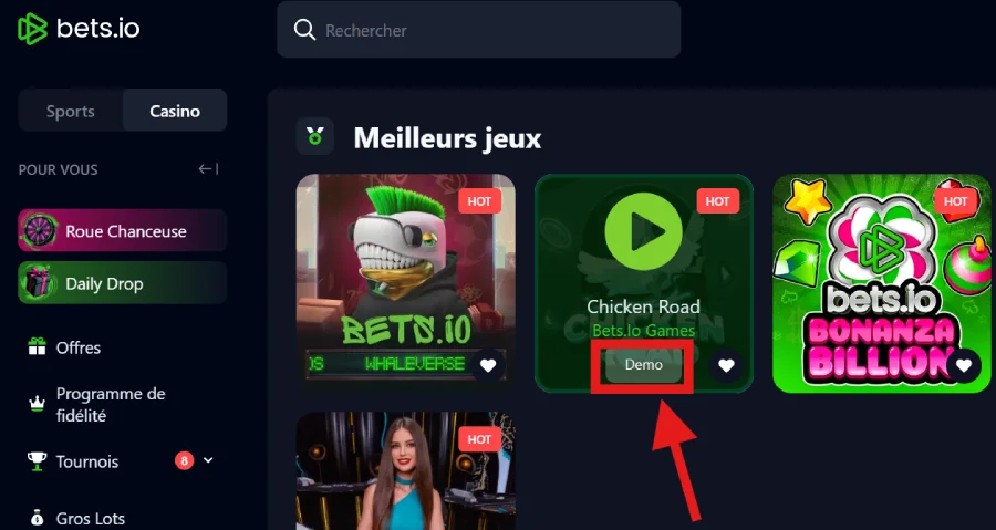 Capture d'écran du mode démo sur Bets.io