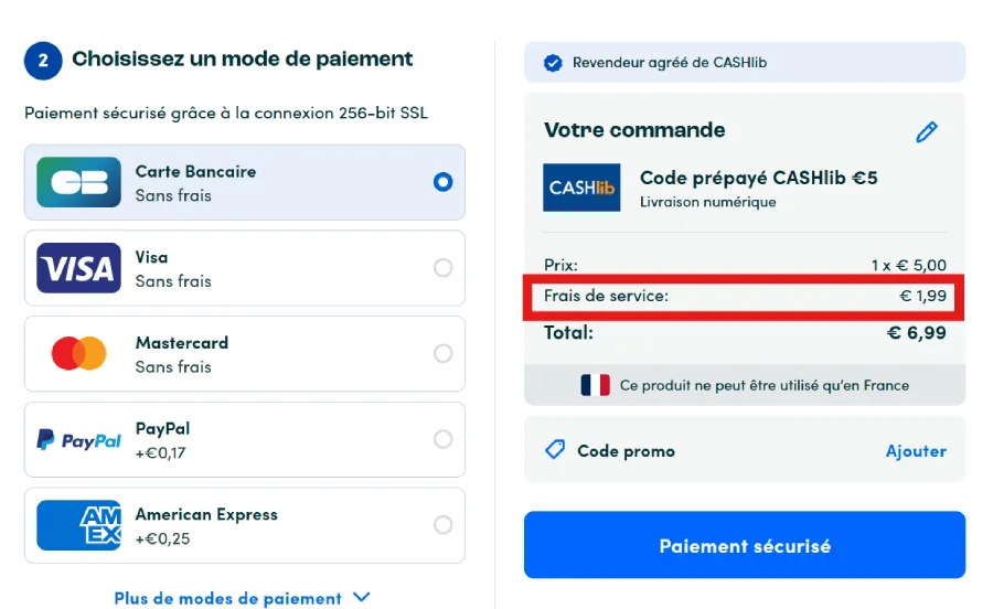 Capture d'écran d'un paiement sur Cashlib