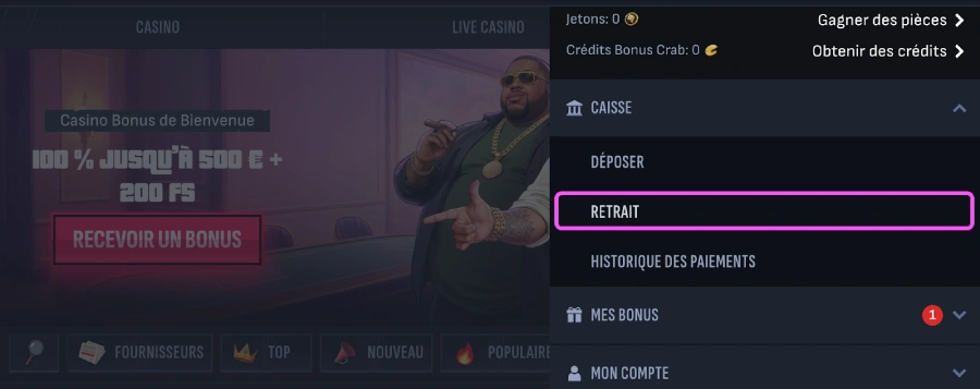 Faire un retrait sur Mafia Casino étape 1