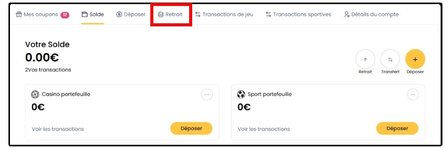 Faire un retrait sur Europe777 étape 2
