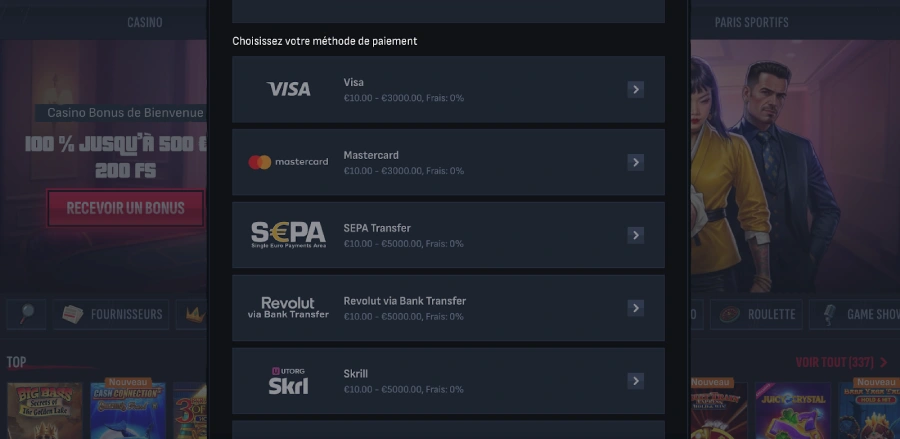 Faire un retrait sur Mafia Casino étape 2