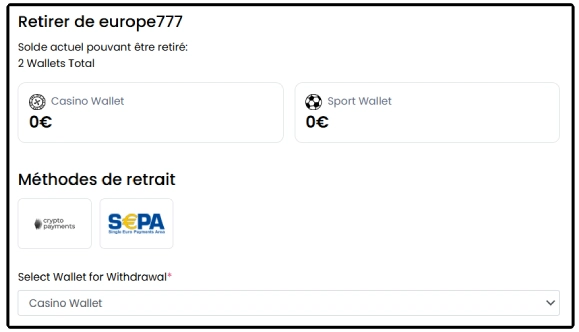 Faire un retrait sur Europe777 étape 3