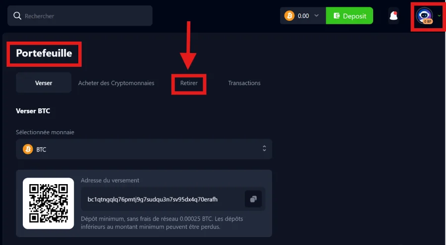 Capture d'écran du bouton Retrait sur Bets.io