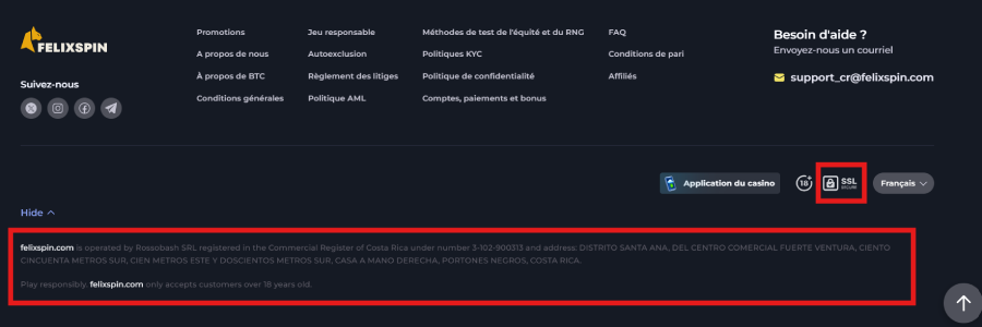 Sécurité du site FelixSpin