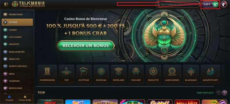 dépôt 1 cliquer sur les jetons talismania casino
