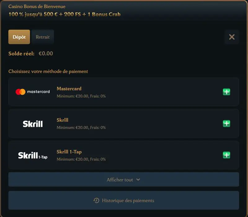 dépôt 2 choisir une methode de paiement talismania casino