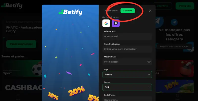 étape 1 déposer betify paris sportifs étrangers