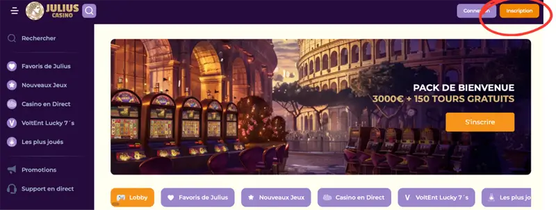 étape 1 inscription julius casino