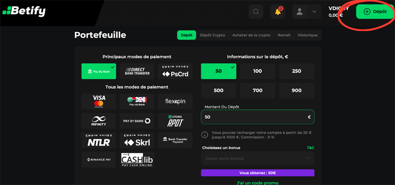 étape 2 déposer betify paris sportifs étrangers