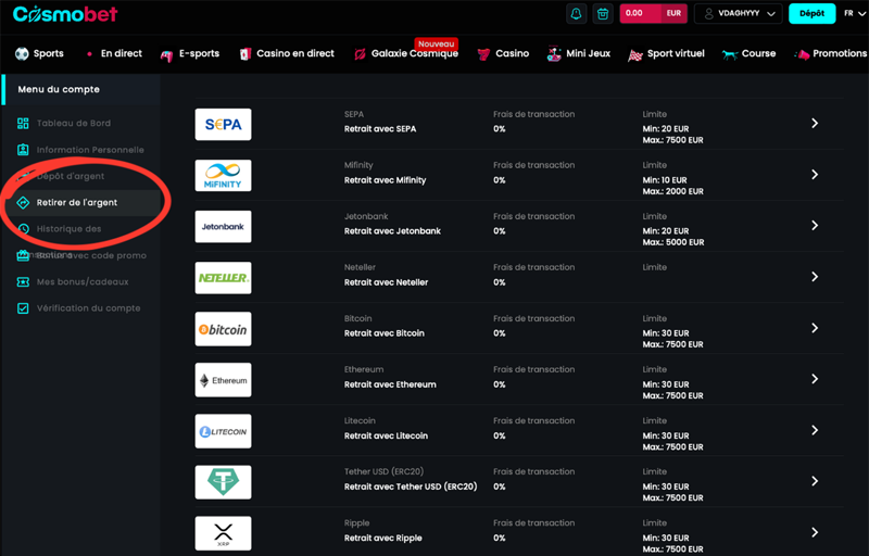 étape 2 retrait cosmobet paris sportifs étrangers